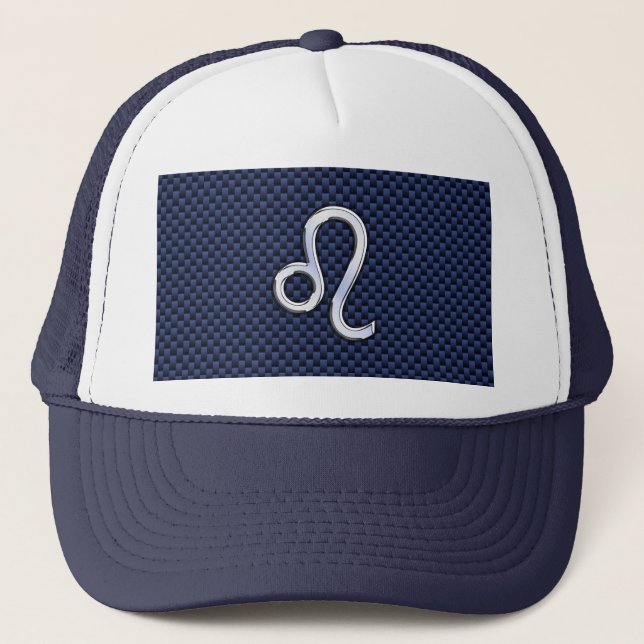 Silver Leo Zodiac Symbol Navy Carbon Fibre Print Truckerkappe (Vorderseite)