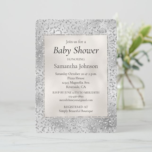 Silver Leopard Print Luxe Glitzer Einladung (Stehend Vorderseite)