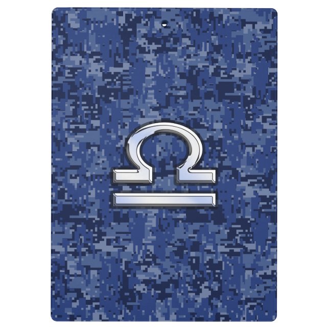 Silver Libra Zodiac Sign auf blauer digitaler Camo Klemmbrett (Rückseite)