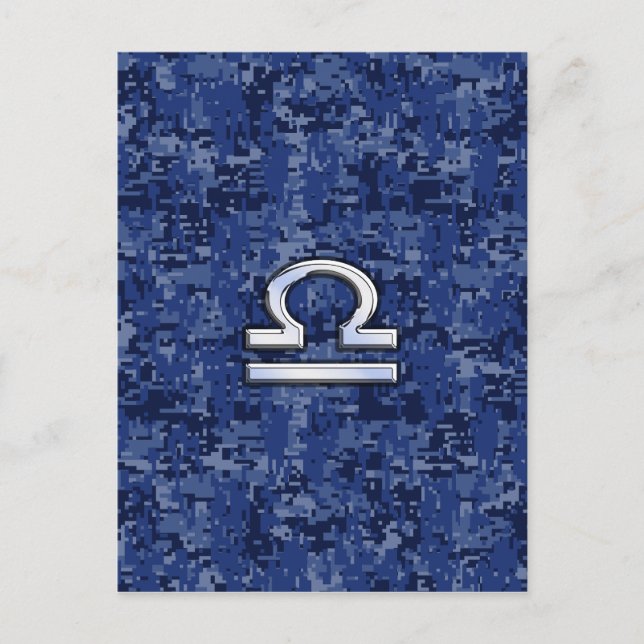 Silver Libra Zodiac Sign auf blauer digitaler Camo Postkarte (Vorderseite)