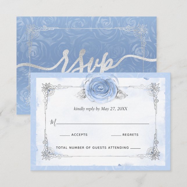 Silver Light Baby Blue Rose Elegant RSVP Karte (Vorne/Hinten)