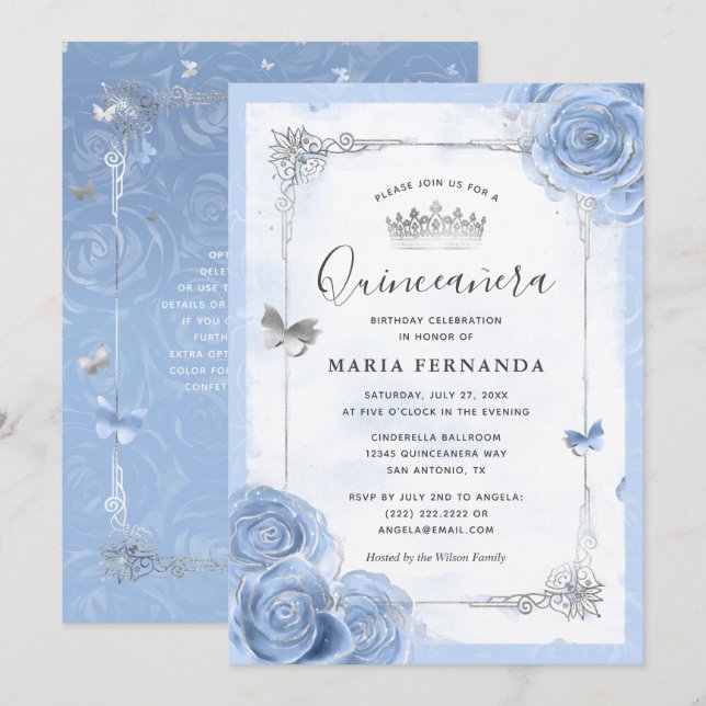 Silver Light Baby Blue Rose Elegante Quinceanera Einladung (Vorne/Hinten)