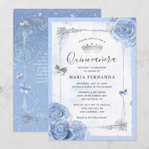 Silver Light Baby Blue Rose Elegante Quinceanera Einladung