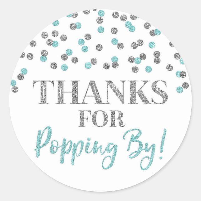 Silver Light Blue Confetti Danke für Popping By Runder Aufkleber (Vorderseite)