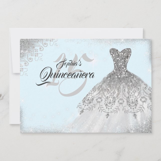 Silver Light Blue Lace Diamond Gown Quinceanera Einladung (Vorderseite)