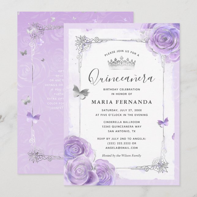 Silver Light Lila Rose Elegante Quinceanera Einladung (Vorne/Hinten)