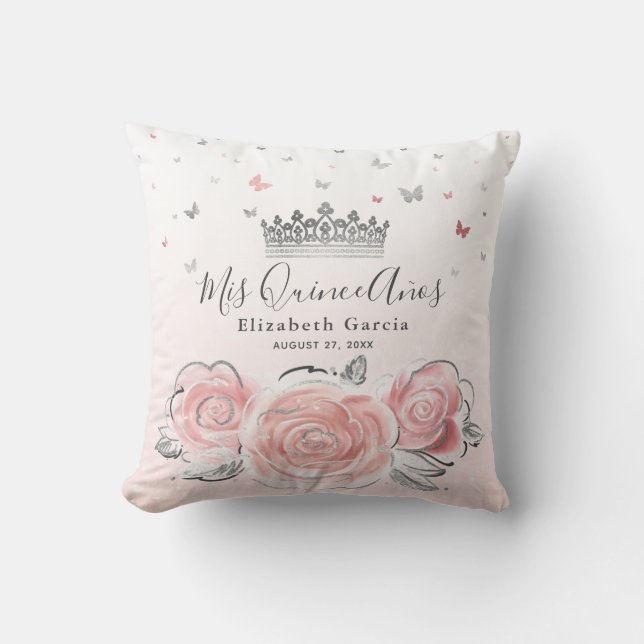 Silver Light Pink Rose Quinceanera Mis Quince Anos Kissen (Vorderseite)