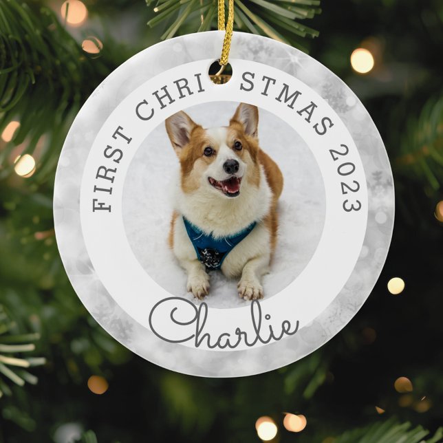 Silver Lights Pet's First Christmas Foto Keramik Ornament (Von Creator hochgeladen)