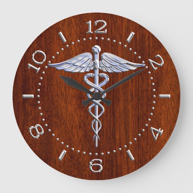 Silver Like Caduceus Medical Symbol Mahogany Dial Große Wanduhr (Vorderseite)