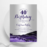 Silver Lila Agate 40. Geburtstag Einladung<br><div class="desc">Lila und silberne Altersgruppe 40. Geburtstag Party Einladung. Elegantes modernes Design mit Aquarellfarben-marmorgeode Hintergrund,  Imitate Glitzer Silber und Typografie Skript-Schriftart. Die trendige Einladungskarte eignet sich perfekt für eine stilvolle Damenfeier. Gedruckte Zazzle Einladungen oder Sofortdownload digitalen druckbaren Vorlage.</div>