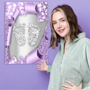 Silver Lila Baby Shower Feet Boy Girl 3d Effekt Einladung
