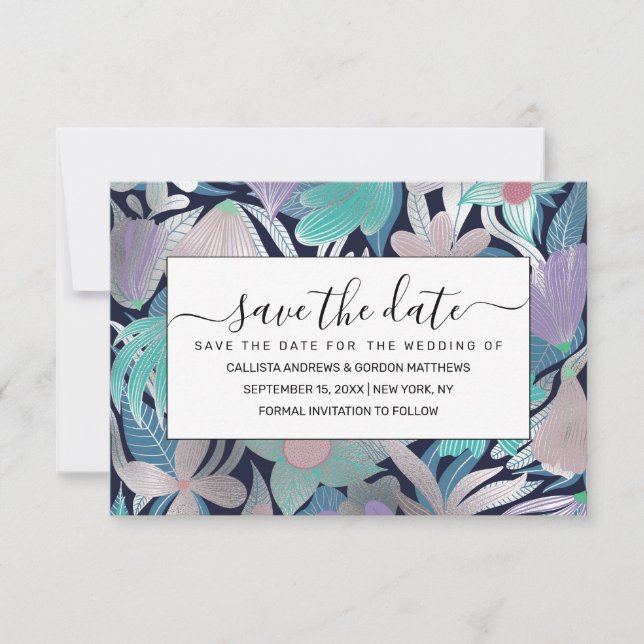 Silver Lila Blue Floral Blätter Illustrationen Save The Date (Vorderseite)