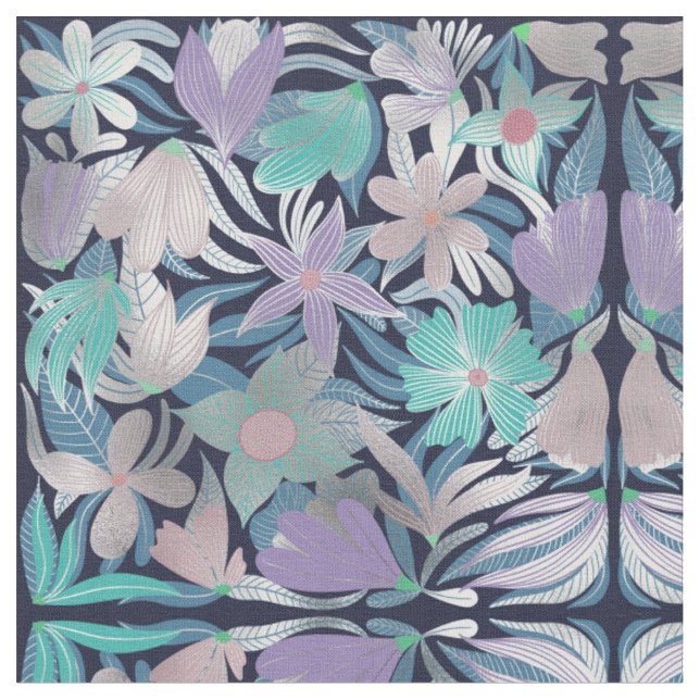 Silver Lila Blue Floral Blätter Illustrationen Stoff (Nahaufnahme)