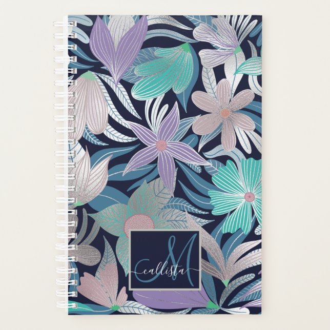 Silver Lila Blue Floral Blätter Monogramm Planer (Vorderseite)