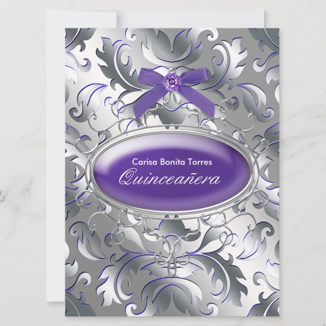Silver Lila Damask Elegantes Lila Quinceanera Einladung (Vorderseite)