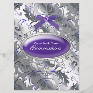 Silver Lila Damask Elegantes Lila Quinceanera Einladung