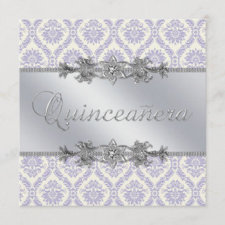 Silver Lila Damask Quinceanera Einladung
