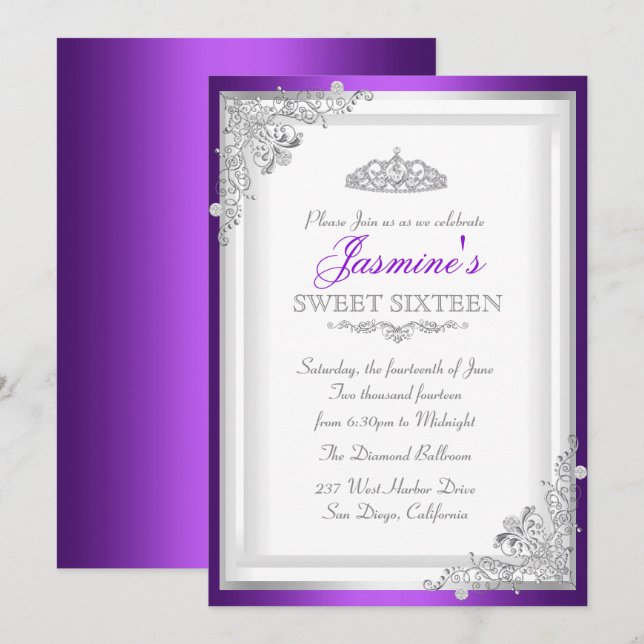 Silver Lila Damask & Tiara Sweet 16 Einladung (Vorne/Hinten)