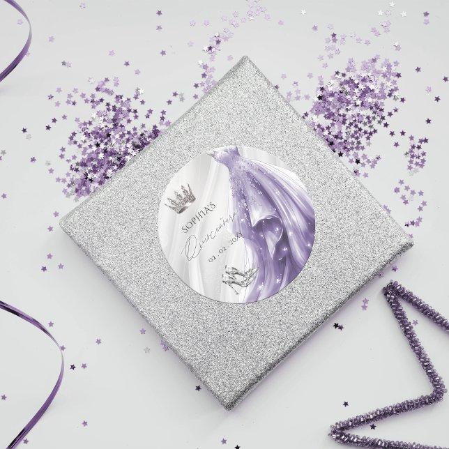 Silver Lila Dress Princess Quinceañera Classic Runder Aufkleber (Silver Purple Dress Princess Quinceañera Stickers)