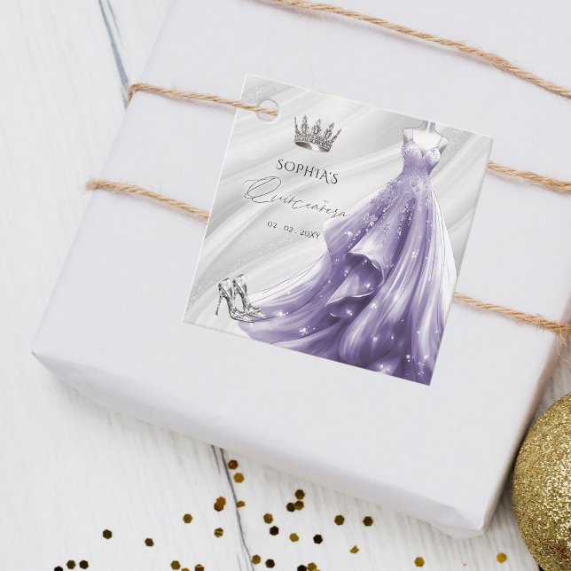 Silver Lila Dress Princess Quinceañera Geschenkanhänger (Silver Purple Dress Princess Quinceañera Favor Tags)