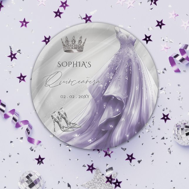 Silver Lila Dress Princess Quinceañera Pappteller (Silver Purple Dress Princess Quinceañera Paper Plates)