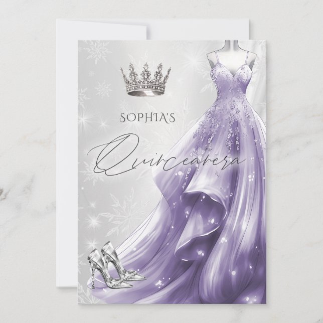 Silver Lila Dress Winter Snowflakes Quinceañera Einladung (Vorderseite)