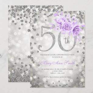 Silver Lila Floral 50. Geburtstag Glam Lights Einladung