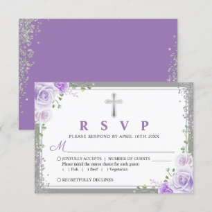 Silver Lila Floral First commune RSVP Card