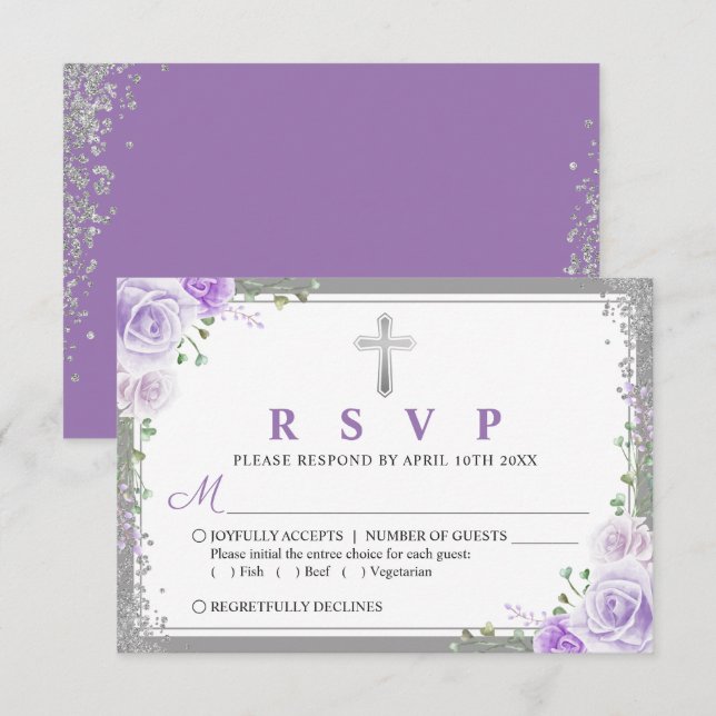 Silver Lila Floral First commune RSVP Card Karte (Vorne/Hinten)