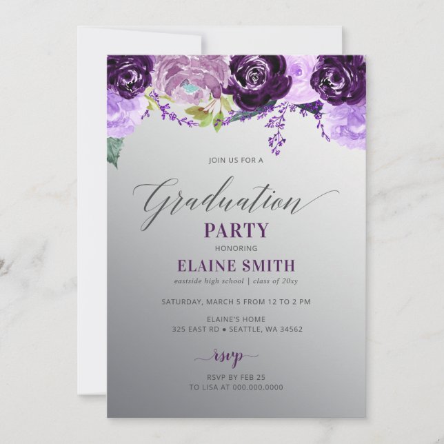 Silver Lila Floral Foto Graduation Party Einladung (Vorderseite)