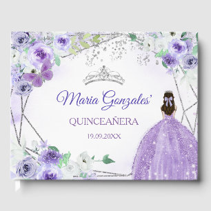 Silver & Lila Floral Quinceñera Gästebuch