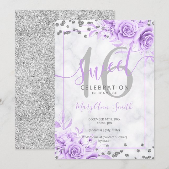 Silver Lila Floral Sweet 16 Marmor Glitzer    Einladung (Vorne/Hinten)
