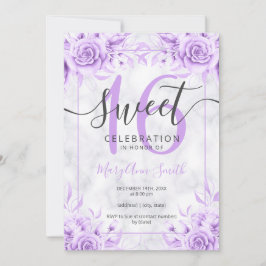 Silver Lila Floral Sweet 16 Marmor Glitzer Einladung