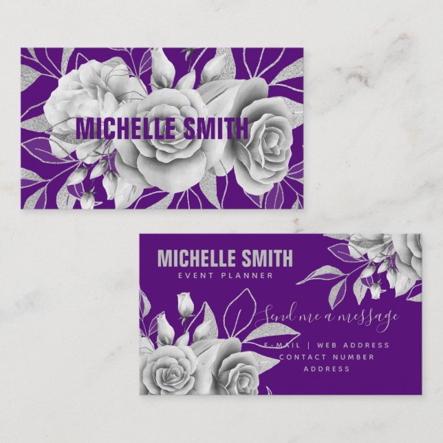 Silver Lila Floral Watercolor MODERN  Visitenkarte (Vorne/Hinten)