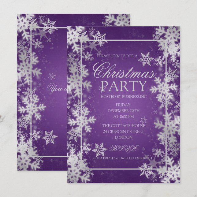 Silver Lila Foil Snowflakes Weihnachtsfest Party Einladung (Vorne/Hinten)