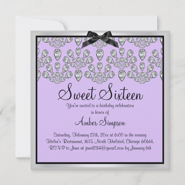 Silver & Lila Forever Diamonds Sweet 16 Einladen Einladung (Vorderseite)