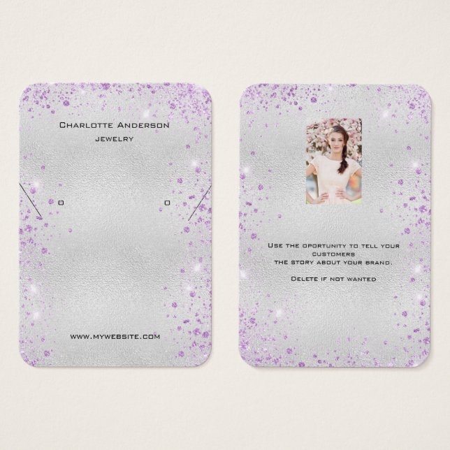 Silver lila Glitzer Ohrringe Foto-Display-Karte (Vorne & Hinten)