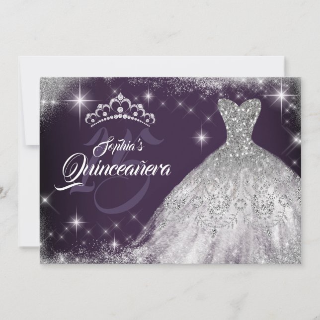 Silver Lila Lace Diamond Gown Tiara Quinceanera Einladung (Vorderseite)