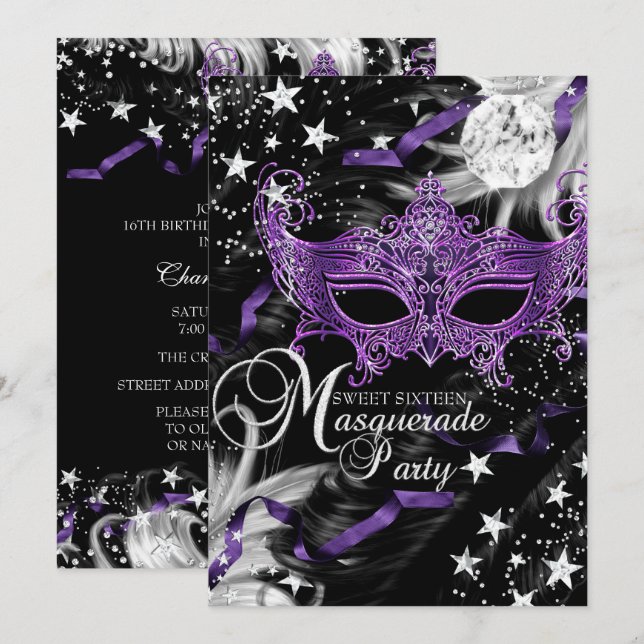 Silver Lila Mask Star Night Masquerade Sweet 16 Einladung (Vorne/Hinten)