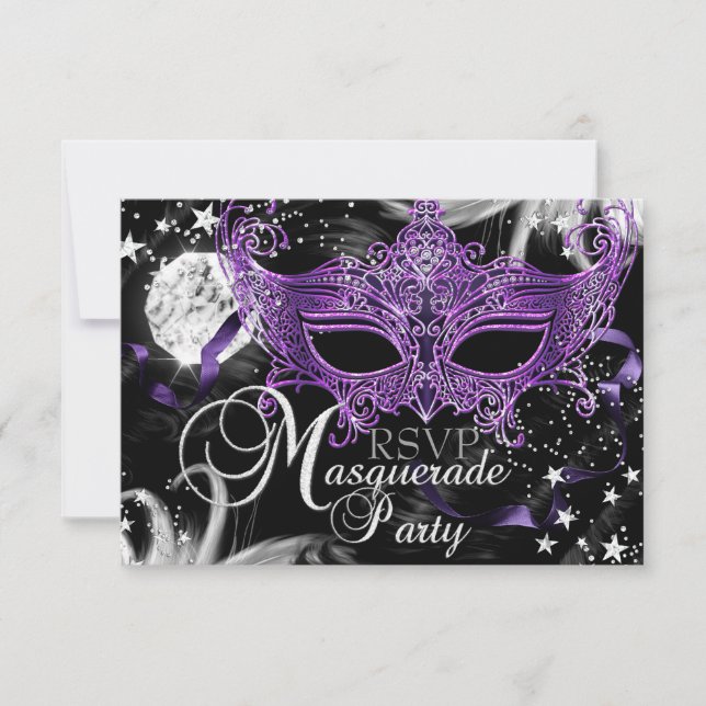 Silver Lila Mask Star Night Masquerade UAWG RSVP Karte (Vorderseite)