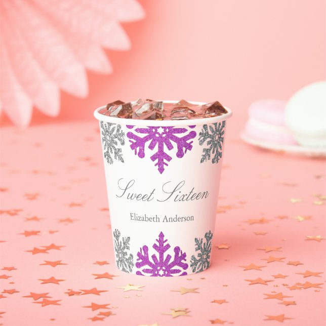 Silver Lila Snowflake Winter Sweet 16 Pappbecher (Insitu)
