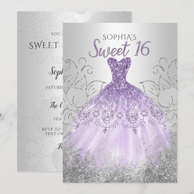 Silver Lila Sparkle Dress Sweet 16 Geburtstag Einladung (Vorne/Hinten)