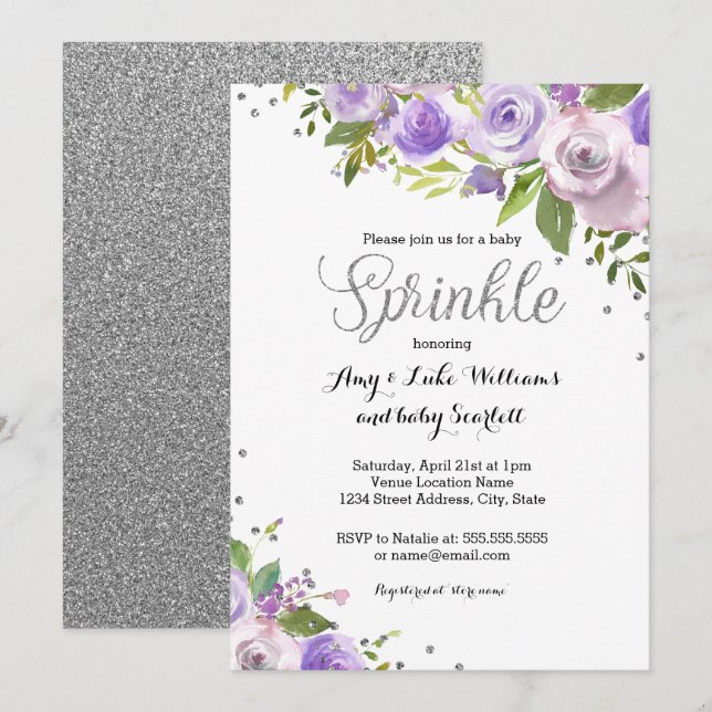 Silver Lila Sparkle Floral Sprinkle Baby Dusche Einladung (Vorne/Hinten)