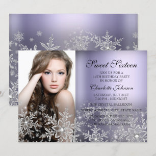 Silver Lila Sparkle Snowflake Foto Sweet 16 Einladung