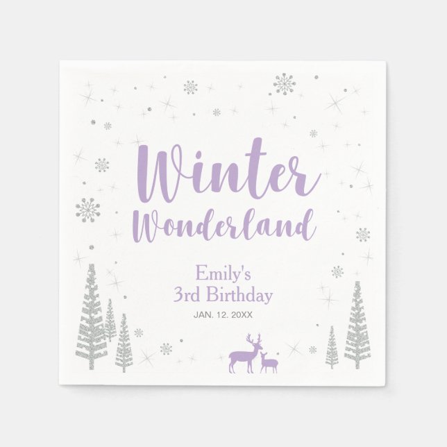 Silver & Lila Winter Wonderland Girl zum Geburtsta Serviette (Vorderseite)