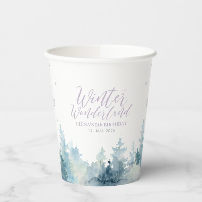 Silver & Lila Winter Wonderland Kinder zum Geburts Pappbecher (Links)