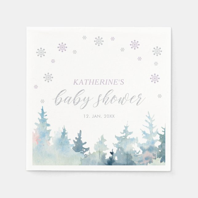Silver & Lila Winter Wonderland Snow Baby Dusche Serviette (Vorderseite)
