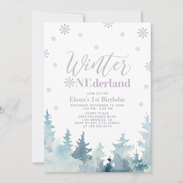 Silver & Lila Winterlandschaft 1. Geburtstag Einladung (Vorderseite)