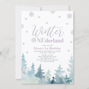 Silver & Lila Winterlandschaft 1. Geburtstag Einladung