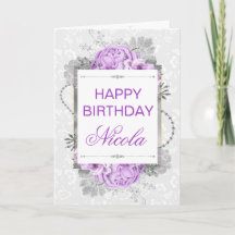 Silver & Lilac Purple Blumen & Glitzer Geburtstag